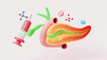 Human pancreas, gall bladder organ model, pancreatitis and drug therapy, 3d rendering. video