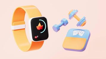 Cartoon fitness wristband, dumbbells and weight scale, 3d rendering. video