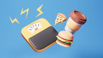 Cartoon weight scale, hamburger, pizza and coffee in the blue background, diet and health concept, 3d rendering. video