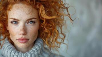 detallado ver de un mujeres cara con vibrante rojo pelo foto