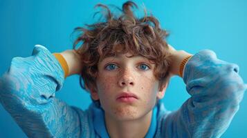 un joven chico vistiendo azul guantes es cubierta su orejas foto