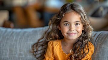 A young child sitting on the armrest of a sofa photo