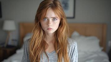 A woman with vibrant red hair stands beside a bed photo