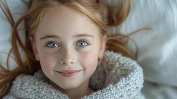 A young girl lies in bed wearing a scarf around her neck photo