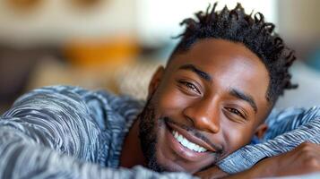 A man with dreadlocks smiles while laying down on a bed photo