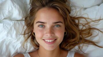 A young woman laying in bed, smiling warmly photo