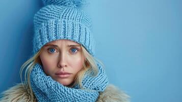 A woman is wearing a blue hat and scarf photo