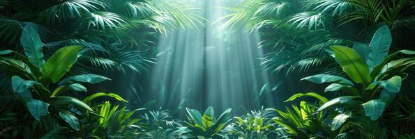 Light filters through lush jungle foliage, creating dynamic shadows photo