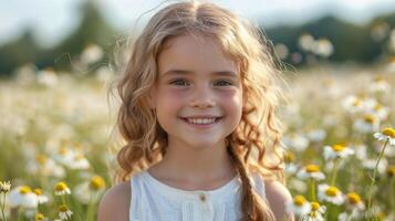 un joven niña en pie entre floreciente margaritas en un campo foto