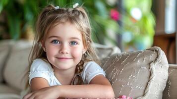 A young girl sitting on the backrest of a couch photo