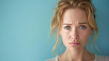 Detailed view of a womans face with striking blue eyes photo