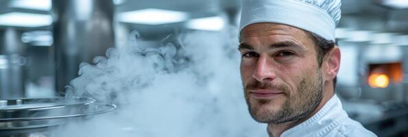 A man wearing a chefs hat stands in a kitchen photo