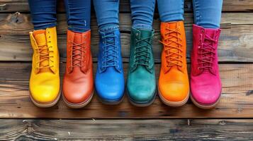 Diverse group of people standing together wearing vibrant colored shoes photo