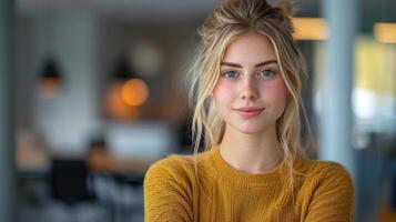 A woman with blonde hair dressed in a yellow sweater photo