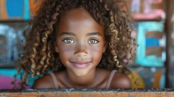 A close-up shot of a child with curly hair photo