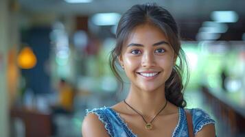 un joven mujer sonrisas mientras vistiendo un azul vestir foto