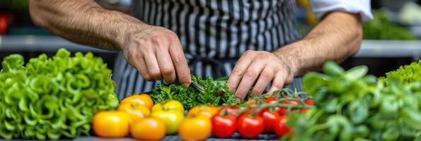 A man in an apron standing at a cutting board, slicing various vegetables photo