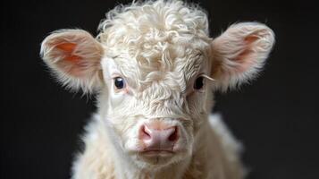 A close-up view of a baby cow with a black background photo