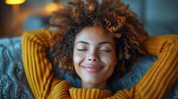 A woman with curly hair relaxing on a couch photo