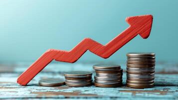 Coins in stack with red arrow pointing upwards photo