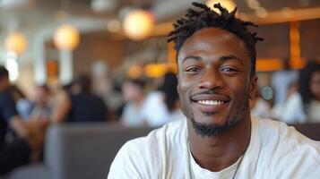 A man with dreadlocks sitting at a restaurant table photo