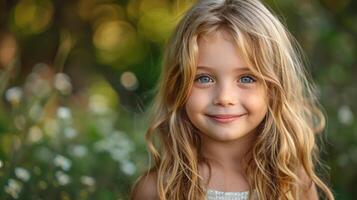 A young girl with flowing blonde hair and bright blue eyes photo