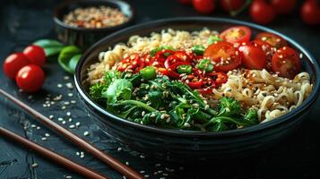 A bowl filled with noodles, fresh tomatoes, and leafy greens photo