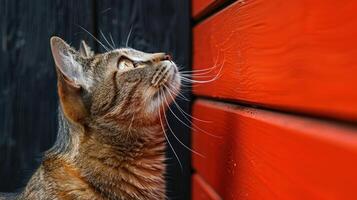 A cat is close to a wall in a detailed viewpoint photo