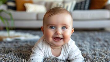 un bebé alegremente sonrisas mientras tendido en un alfombra en un acogedor vivo habitación foto