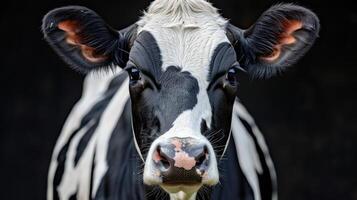 Detailed view of a black and white cows face photo