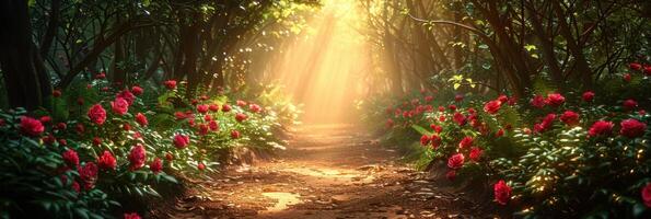 A path winding through a forest dotted with red flowers in bloom photo