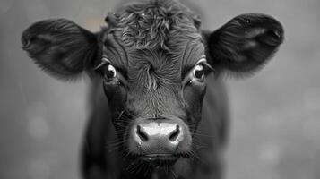 A black and white cow standing and looking directly at the camera photo