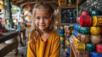 Young girl standing in front of a shop photo