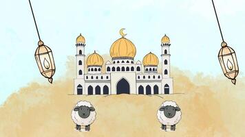 eid al-adha mesquita com bode animação. com cópia de espaço. video