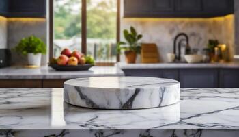 empty marble podium on marble table with blurry kitchen counter photo