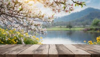 empty table top with blurry spring landscape background, blank counter for product montage advertising photo