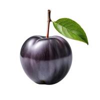 Fresh plum fruits. Whole ripe purple plum fruit with green leaf isolated. Healthy diet. Vegetarian food photo