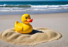Yellow rubber duck on the beach against the background of waves. Yellow sand sparkles in the sun. Sunny warm day on vacation photo