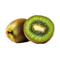 Fresco kiwi fruta. todo Fruta y dos mitades de maduro kiwi aislado. sano dieta. vegetariano comida foto