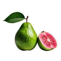 Fresh guava fruit. Whole fruit with green leaf and half of ripe guava isolated. Healthy diet. Vegetarian food photo