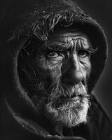 negro y blanco retrato de un entrecano antiguo pescador foto