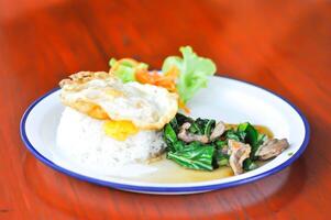 stir fried kale with pork and rice, sunny side up egg photo