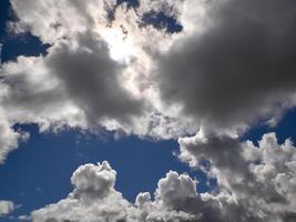 White cumulus clouds in the deep blue summer sky. Fluffy clouds background photo