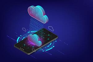 Hi-tech abstract background of cloud computing concept. Technology Connecting to cloud computing, downloading and uploading data on mobile portable device. Abstract 3d isometric illustration vector