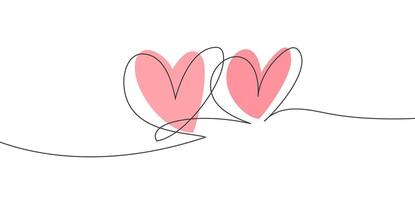 Two hearts. Continuous one line drawing. Black lines on a white background. vector