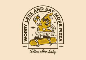 preocupación Menos y comer más Pizza. retro ilustración de Pizza personaje saltando en patineta vector