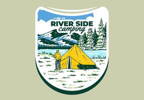 River side camping. Vintage outdoor illustration badge vector