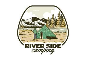 River side camping. Vintage outdoor illustration badge vector