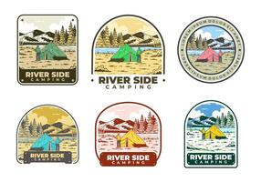 River side camping. Vintage outdoor illustration badge vector