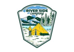 River side camping. Vintage outdoor illustration badge vector